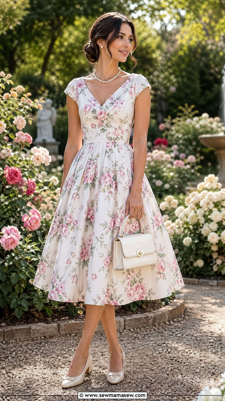 Floral Tea Length Dress with Pearls - 35 Summer garden party outfits