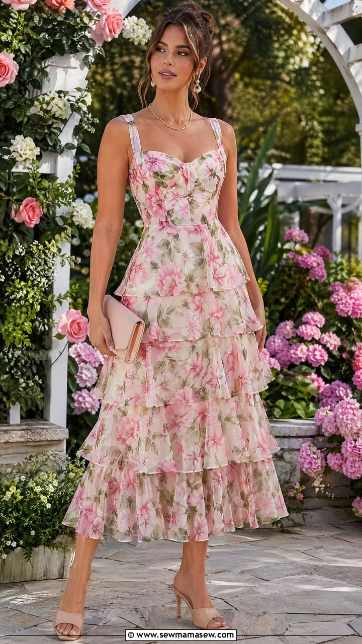 Floral Tiered Dress With Heeled Mules - 35 Spring floral print outfits