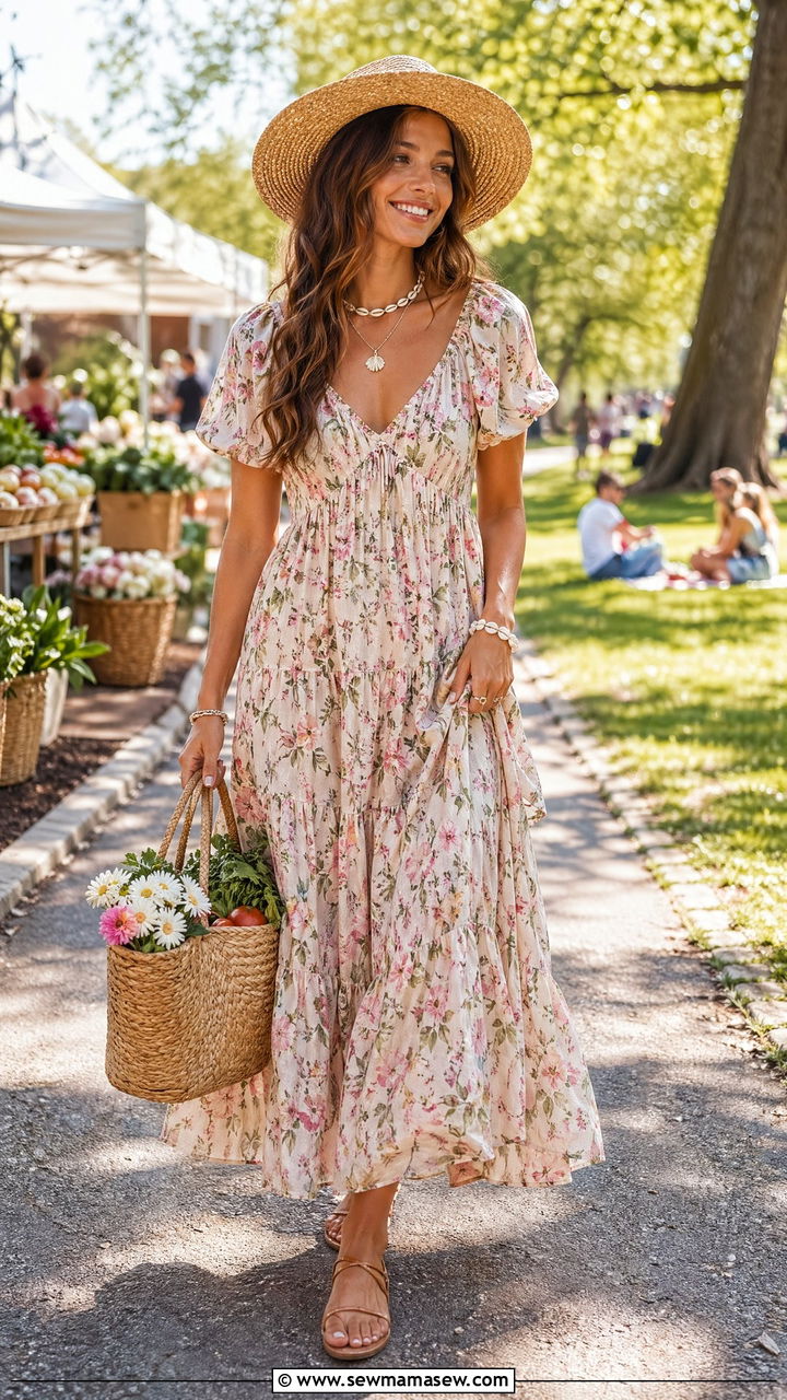 Floral Tiered Maxi Dress With Straw Hat - 35 spring floral outfit ideas