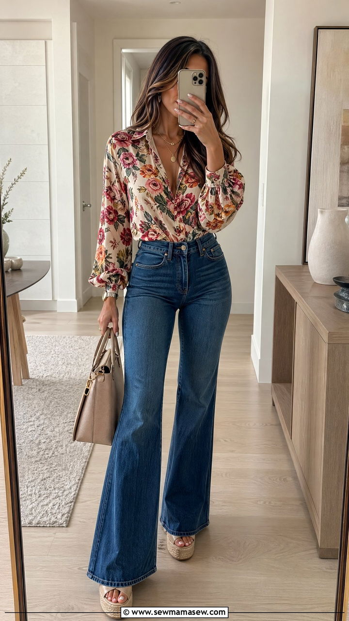 Floral Top With Flare Jeans - 35 spring floral outfit ideas