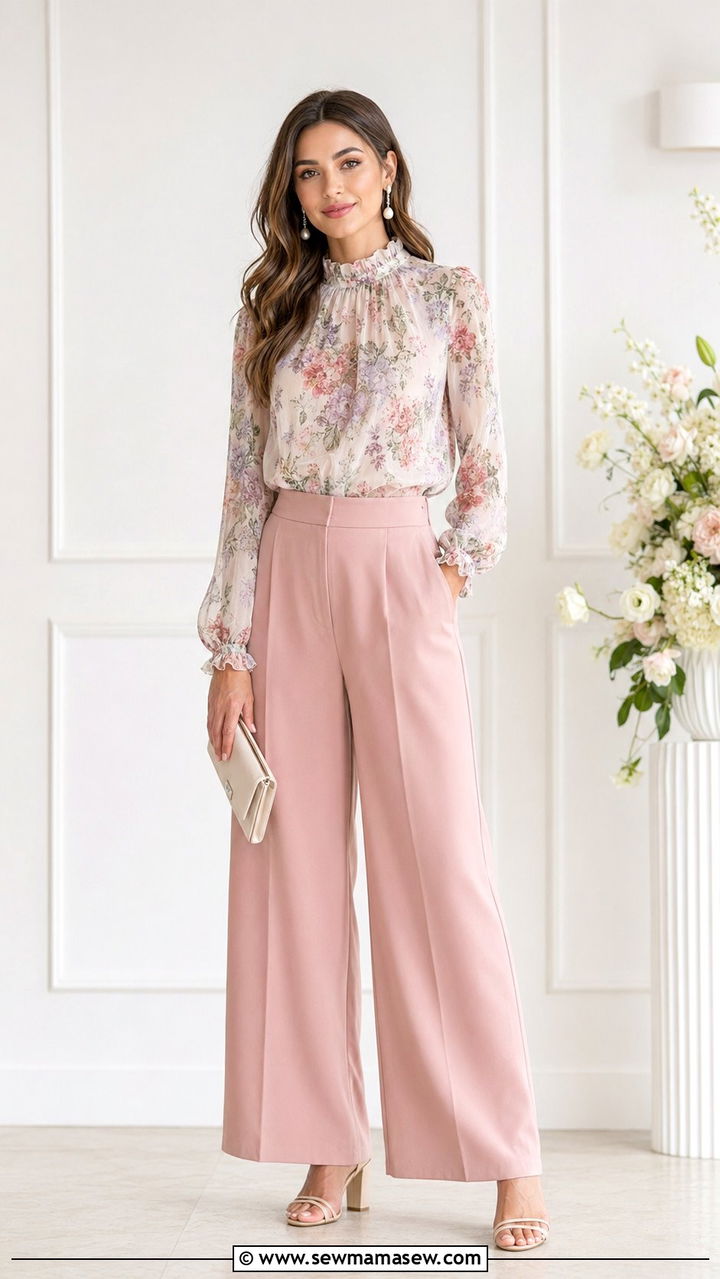 Floral Top with Wide Leg Pants for Wedding - 30 wedding guest outfits for modest women