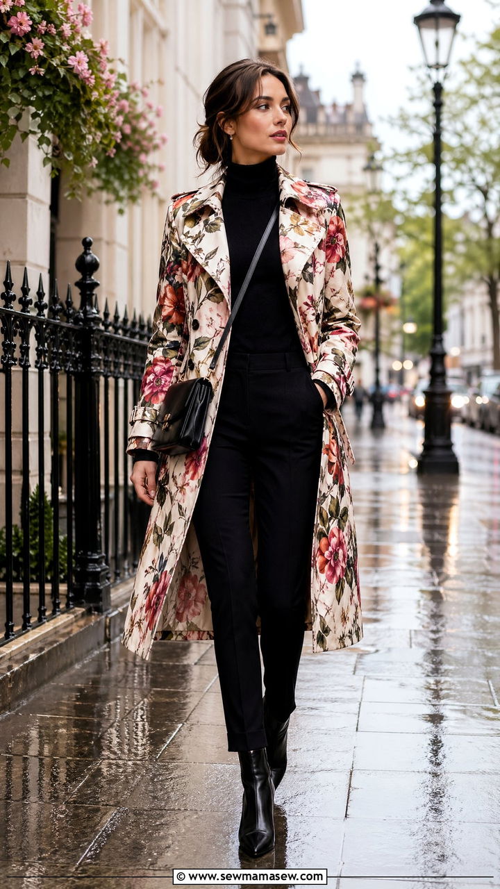 Floral Trench Coat Over All Black Outfit - 35 Spring floral print outfits