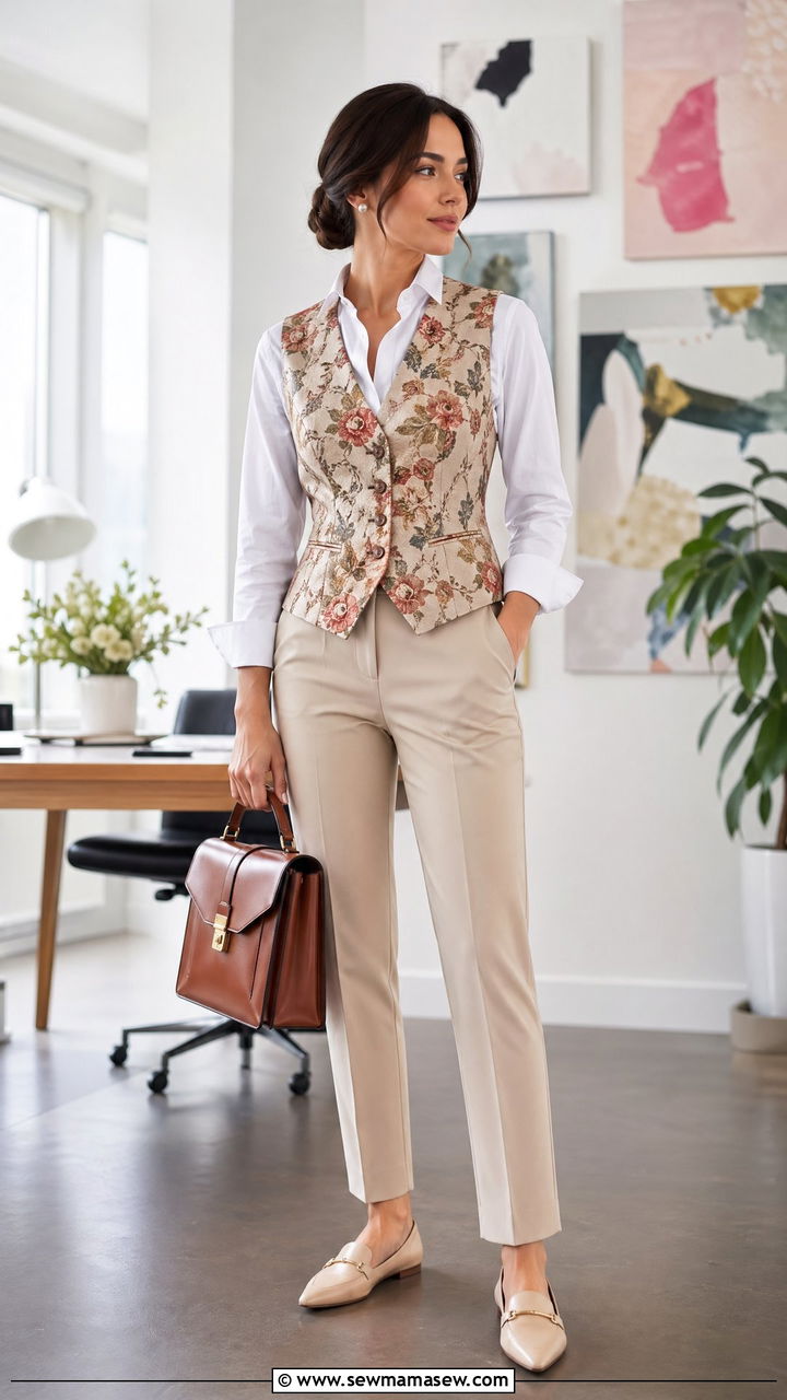 Floral Vest Layered Over Button Down Shirt - 35 Spring floral print outfits