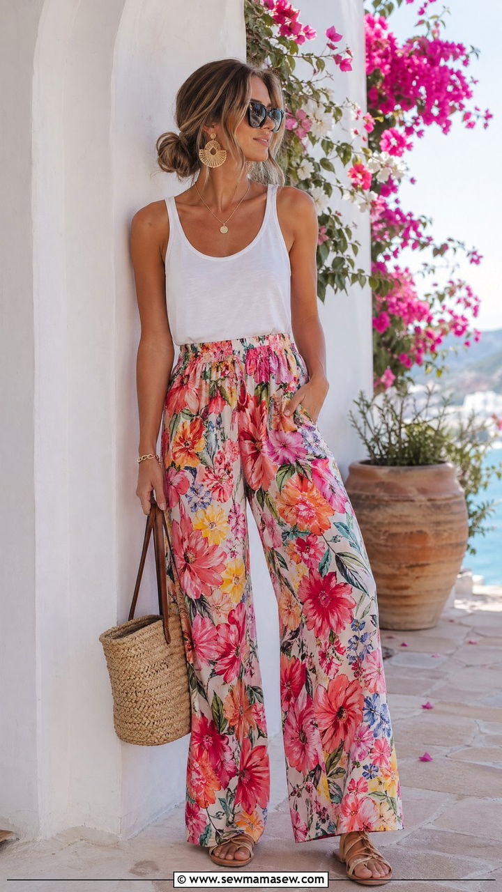 Floral Wide Leg Pants With White Tank - 35 spring floral outfit ideas