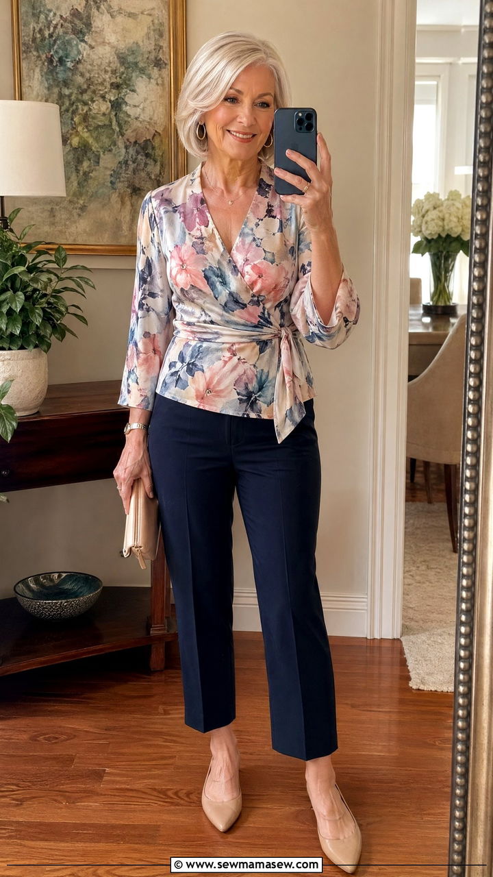 Floral Wrap Blouse With Cropped Navy Trousers - 35 Spring outfits for women over 60