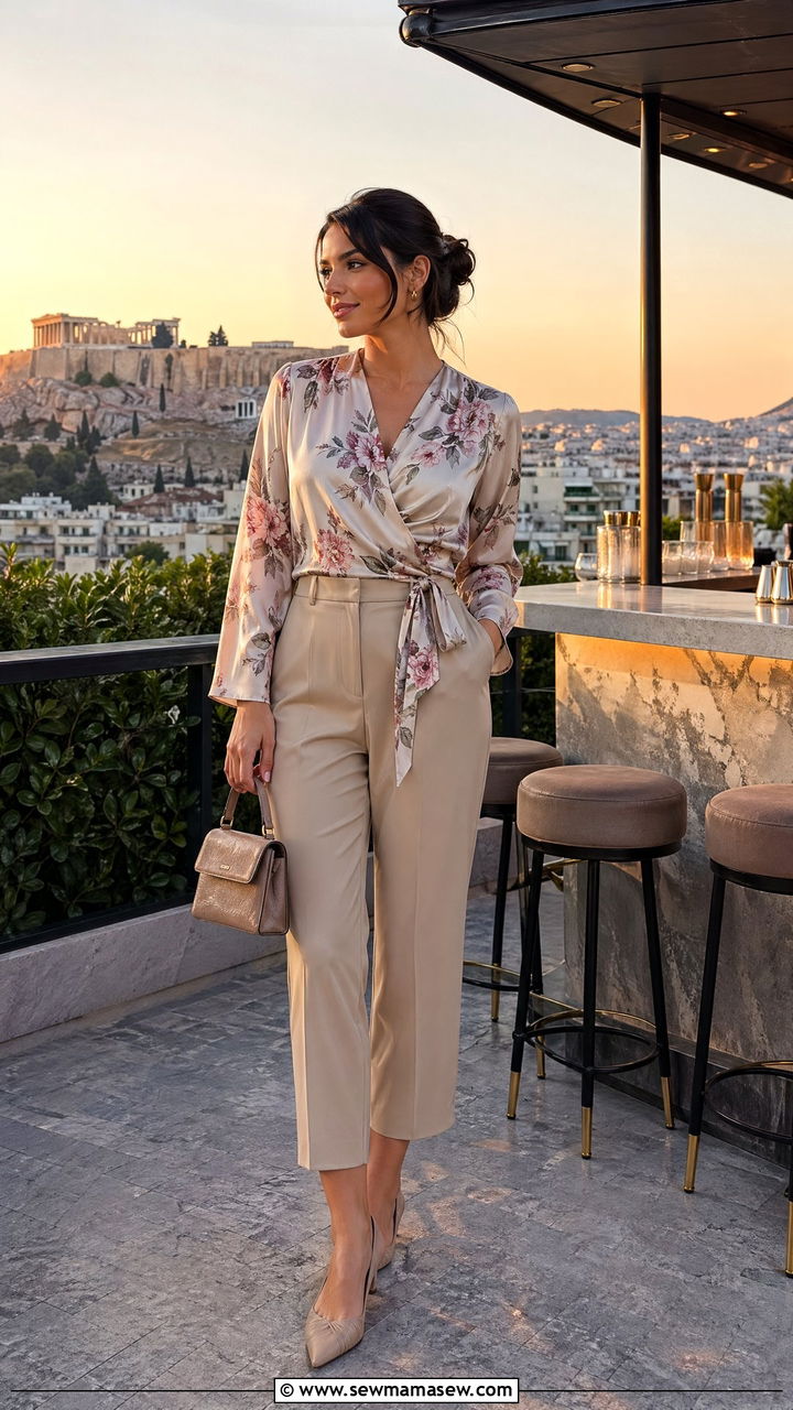 Floral Wrap Blouse With Cropped Trousers - 35 Spring Greece outfit ideas