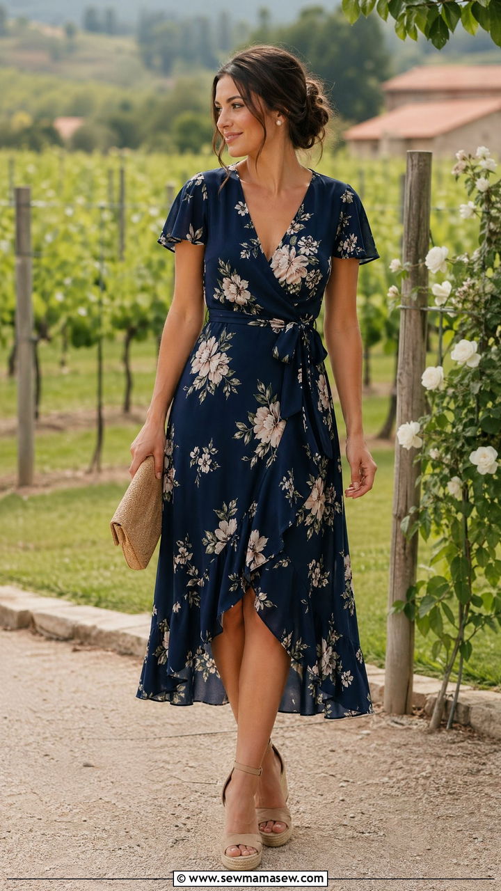 Floral Wrap Dress With Espadrille Wedges - 35 spring classy outfit ideas