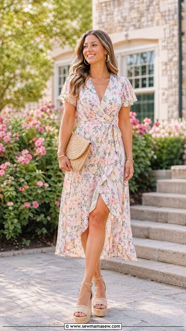Floral Wrap Dress With Espadrille Wedges For Graduation - 35 spring graduation outfit ideas