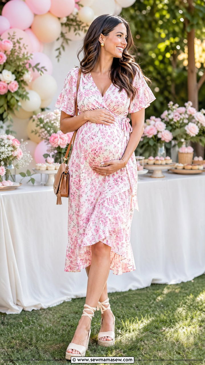 Floral Wrap Dress With Espadrilles - 35 summer baby shower outfit ideas