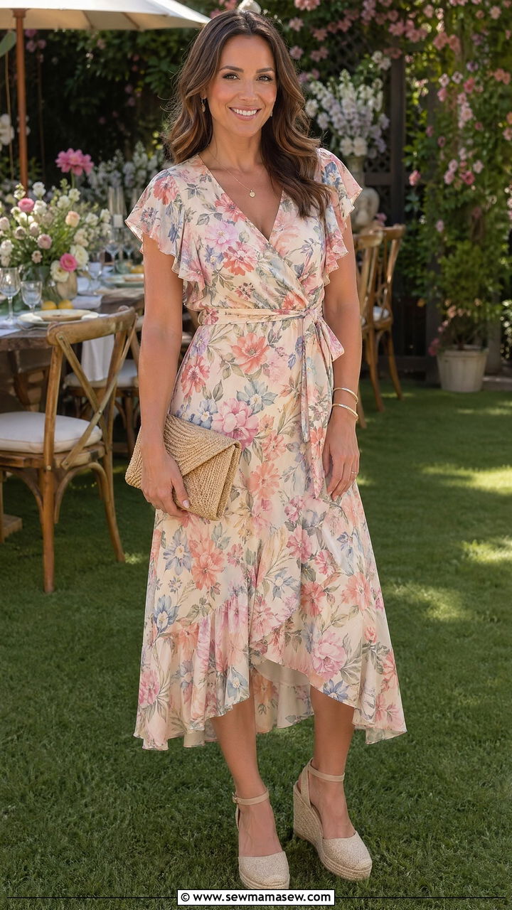 Floral Wrap Dress With Espadrilles Summer Mom Outfit - 35 Summer mom outfit ideas