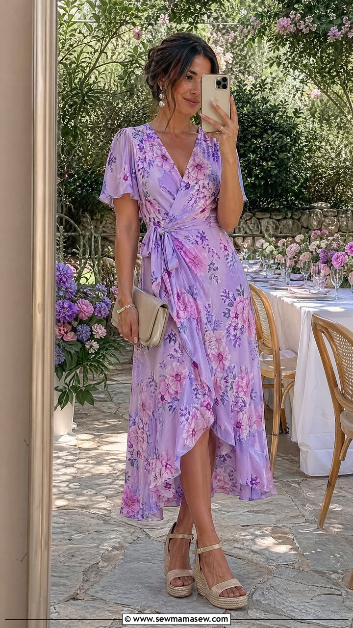 Floral Wrap Dress With Wedge Sandals - 35 summer floral outfit ideas