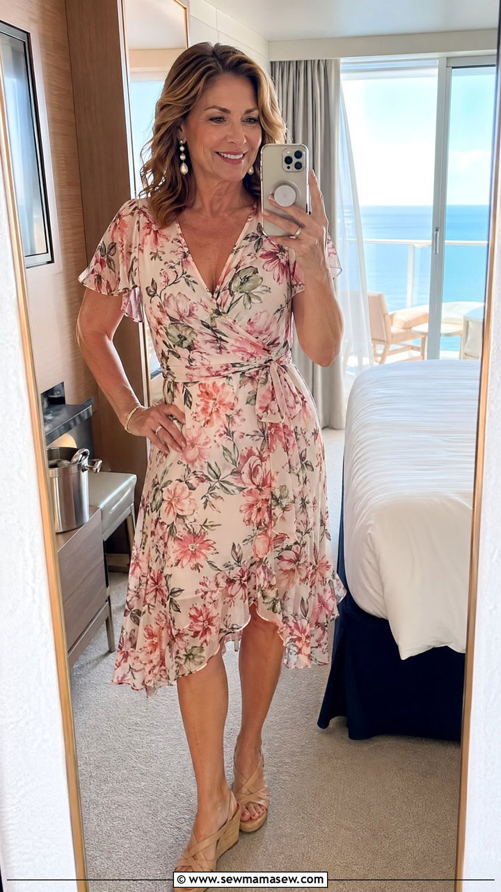 Floral Wrap Dress With Wedge Sandals Cruise Outfit - 35 cruise outfits for women over 40