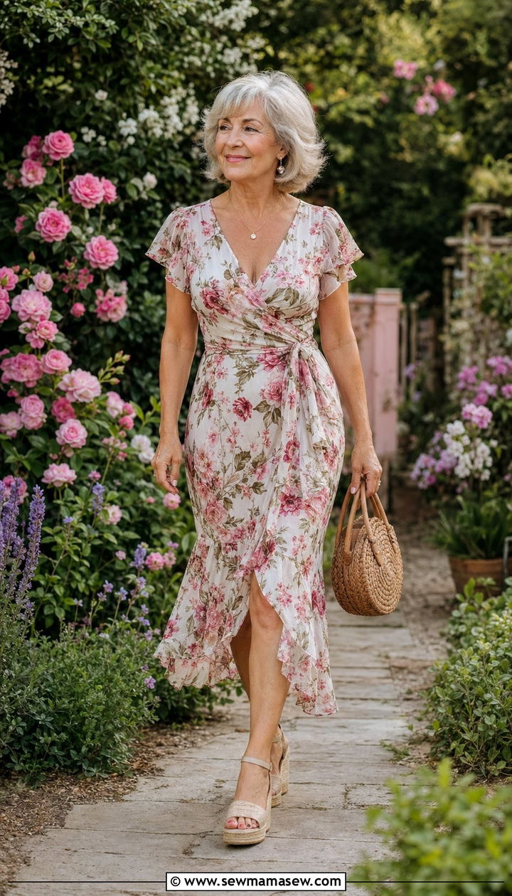 Floral Wrap Dress with Espadrille Wedges - 35 Petite outfit ideas for women over 60