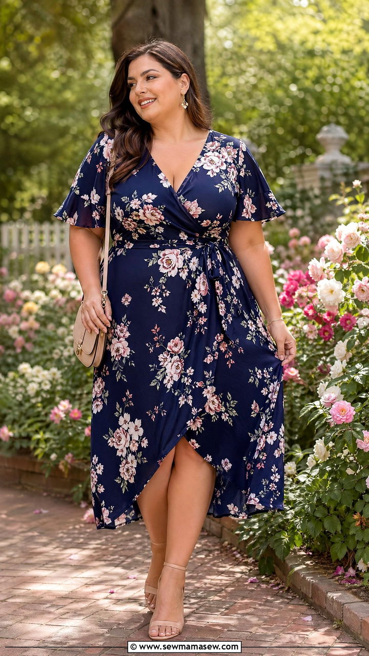 Floral Wrap Dress with Flutter Sleeves - 35 classy outfits for plus size women