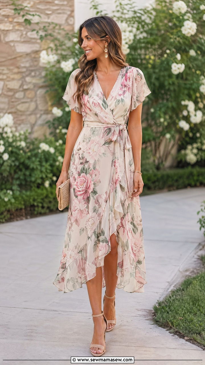 Floral Wrap Midi Dress With Nude Heels - 35 wedding guest outfit ideas for women