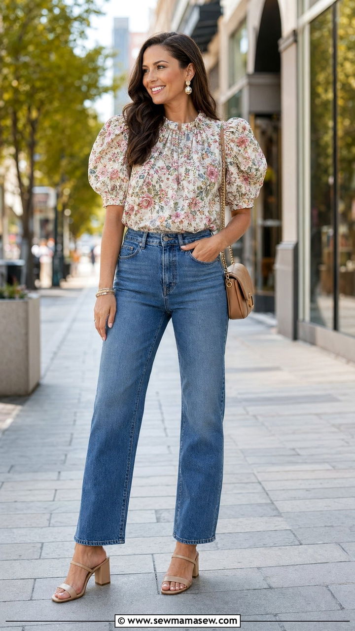 Floral blouse and straight leg jeans outfit - 30 Aesthetic spring outfit ideas 2026