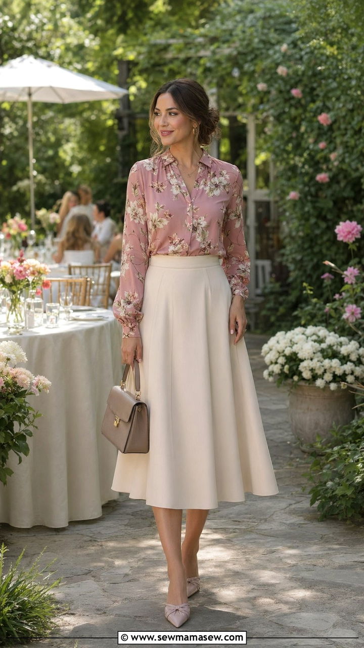 Floral blouse with A line midi skirt - 30 A line skirt outfit ideas