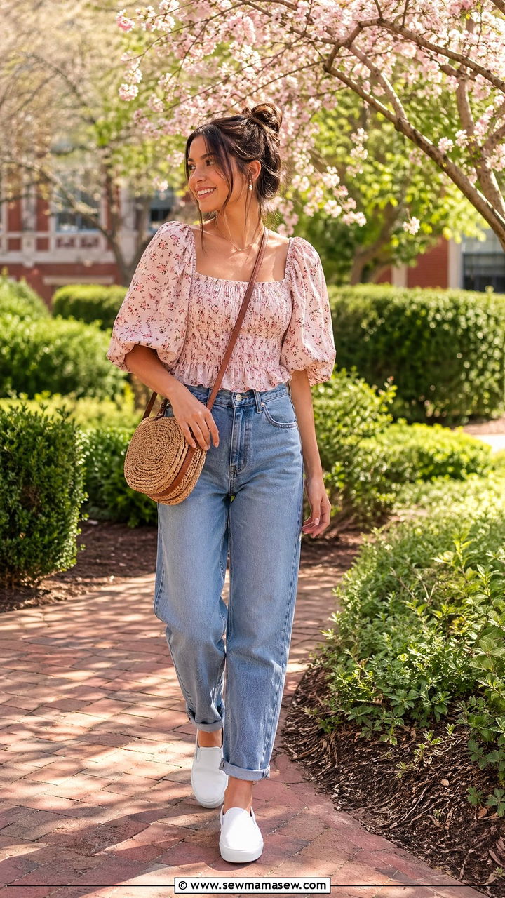 Floral blouse with relaxed jeans outfit - 35 Spring outfits for school
