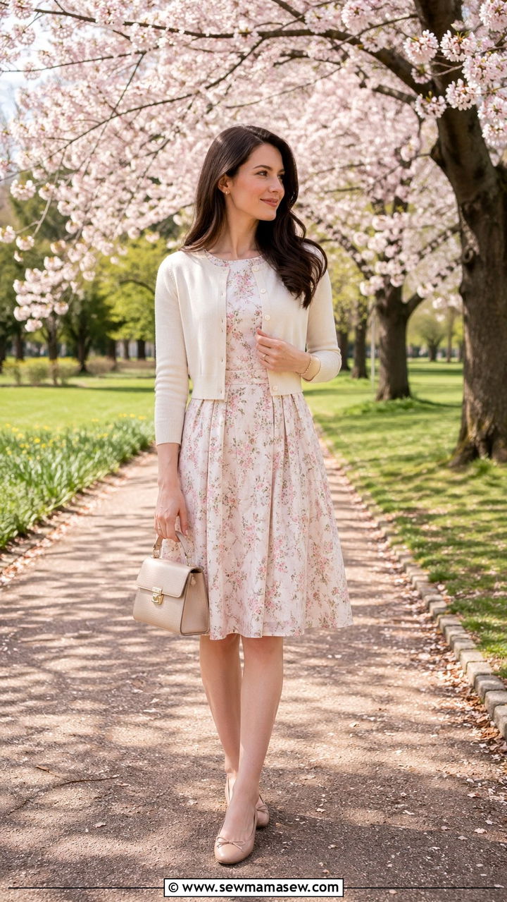 Floral dress with cardigan and ballet flats - 30 spring floral dress outfit ideas