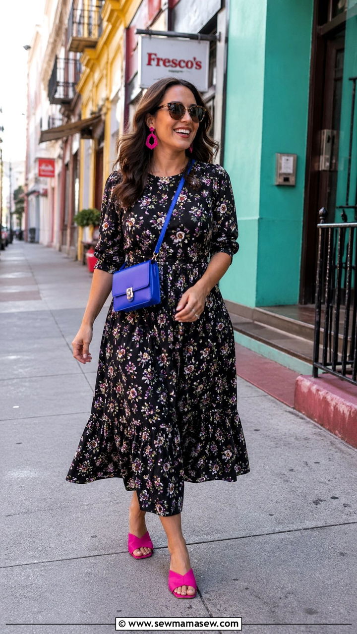 Floral dress with colorful accessories spring outfit - 30 spring floral dress outfit ideas