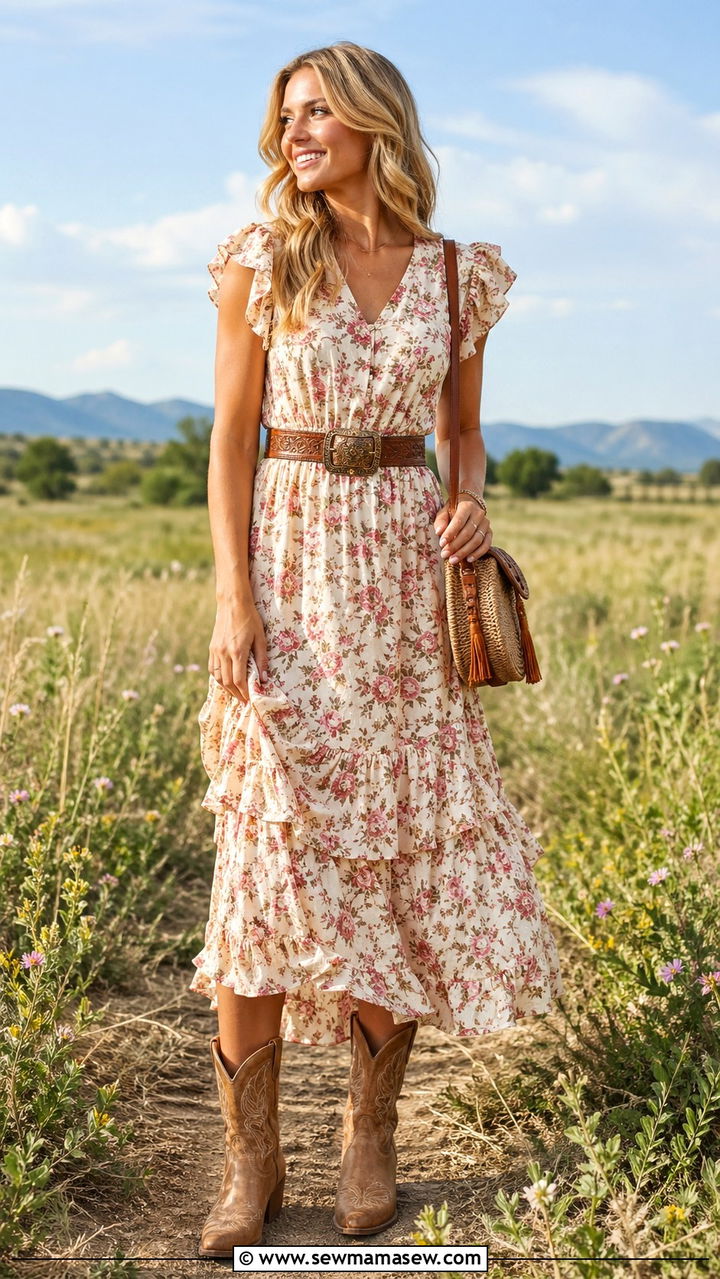 Floral dress with cowboy boots western look - 30 spring floral dress outfit ideas