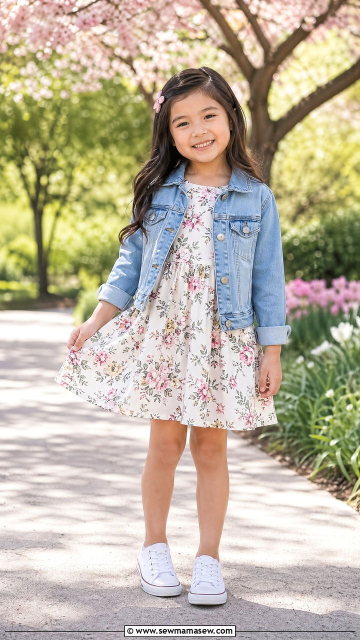 Floral dress with denim jacket - 35 Spring outfits for little girls