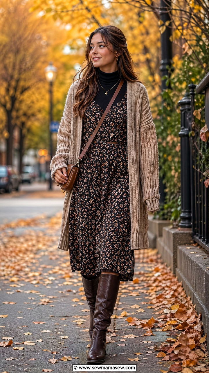 Floral dress with turtleneck and boots outfit - 35 cute school outfits