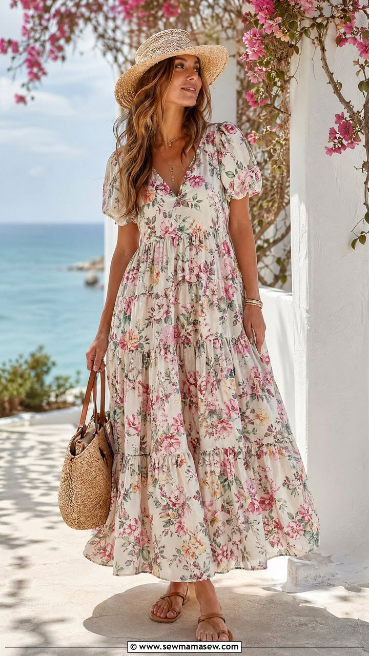 Floral maxi dress and flat sandals outfit - 35 Summer outfit ideas for mom