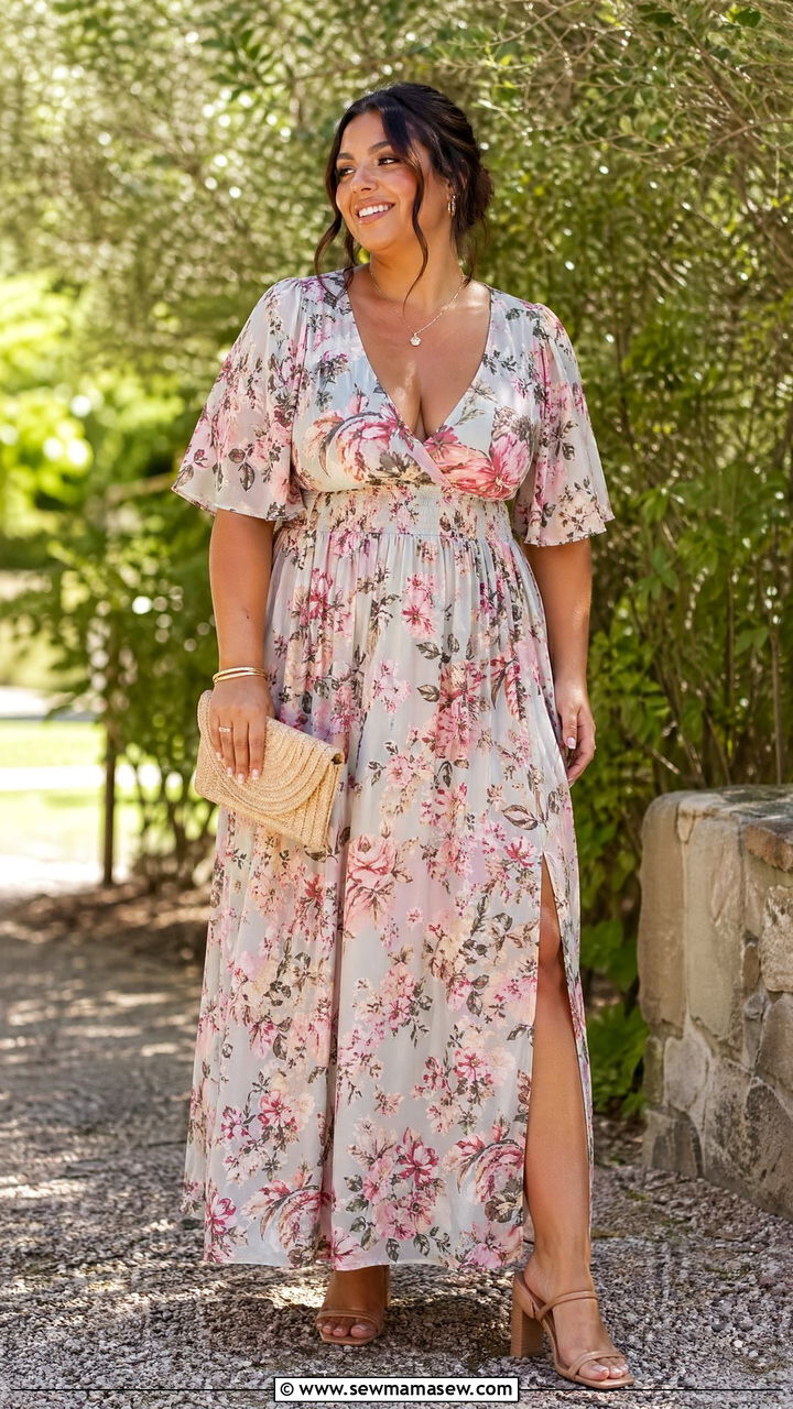 Floral maxi dress for wedding guest - 35 Curvy girl wedding guest outfits
