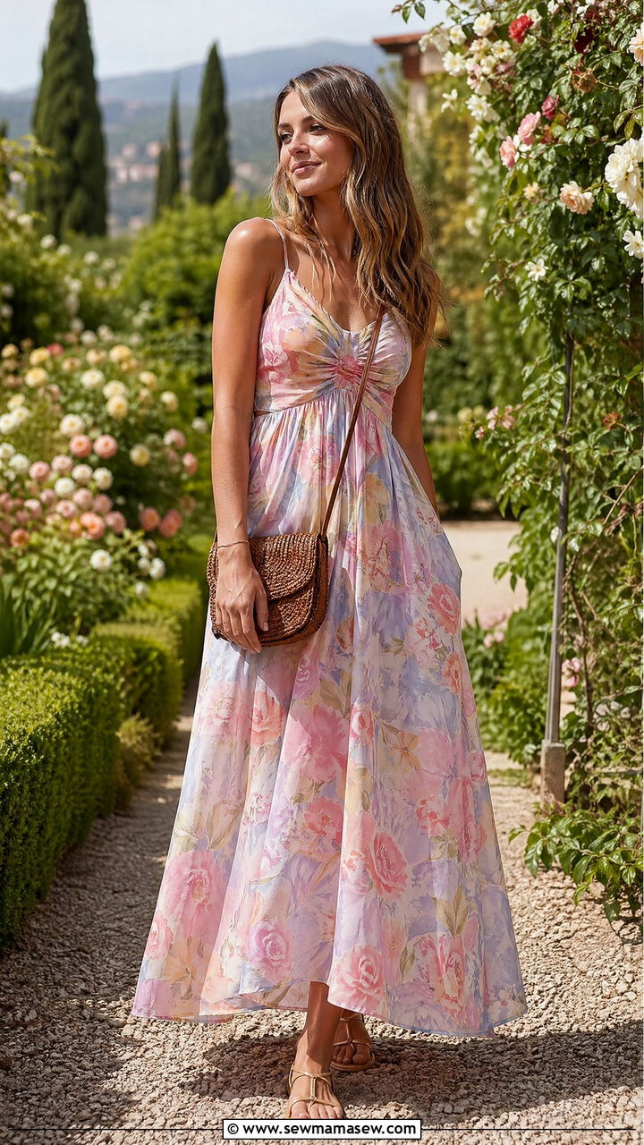 Floral maxi dress strappy sandals and woven leather crossbody - 35 Crossbody bag outfit ideas