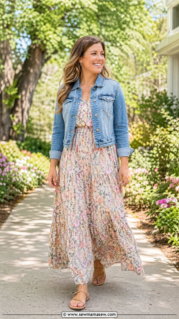 Floral maxi dress with cropped denim jacket and sandals - 35 spring teacher outfit ideas