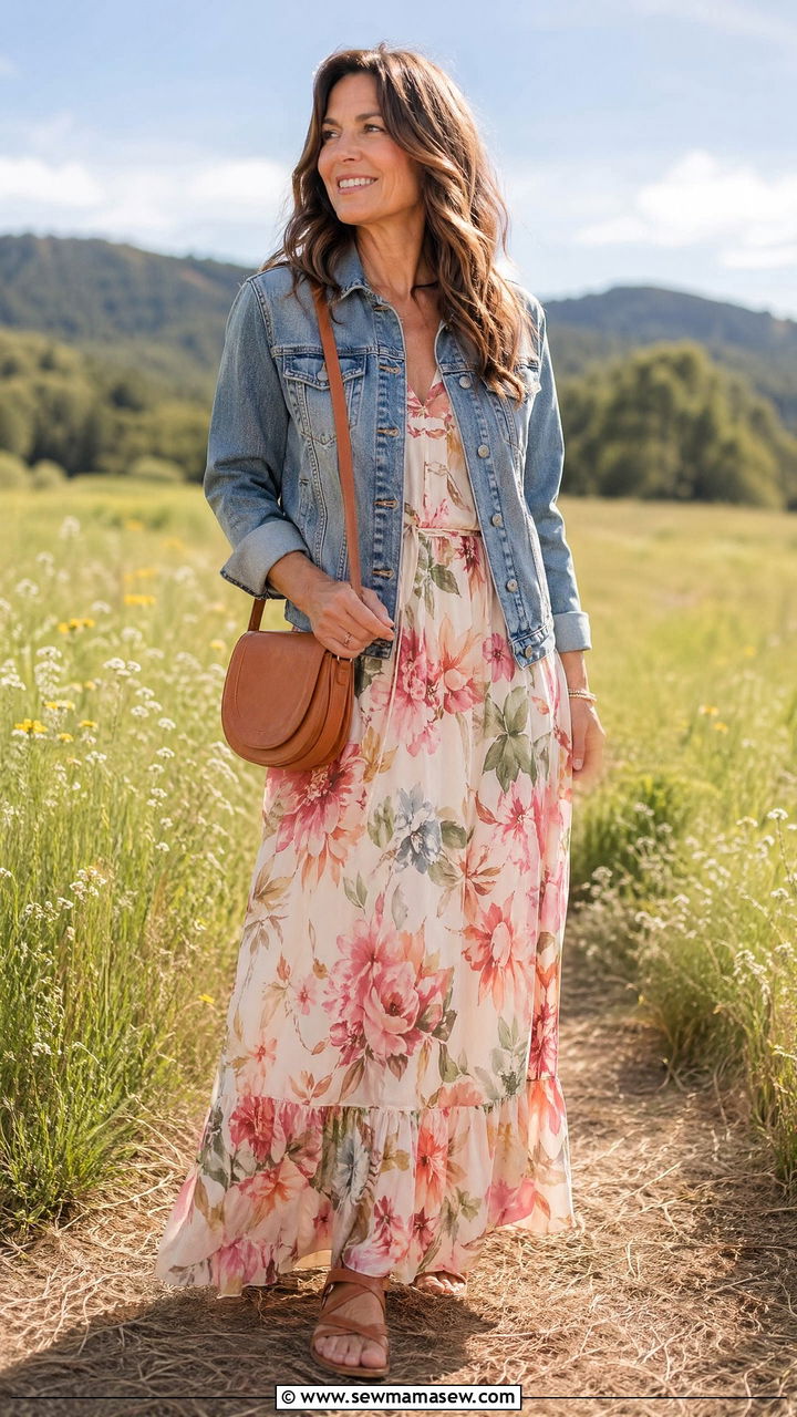 Floral maxi dress with denim jacket and flat sandals outfit - 35 Spring capsule wardrobe for women over 40