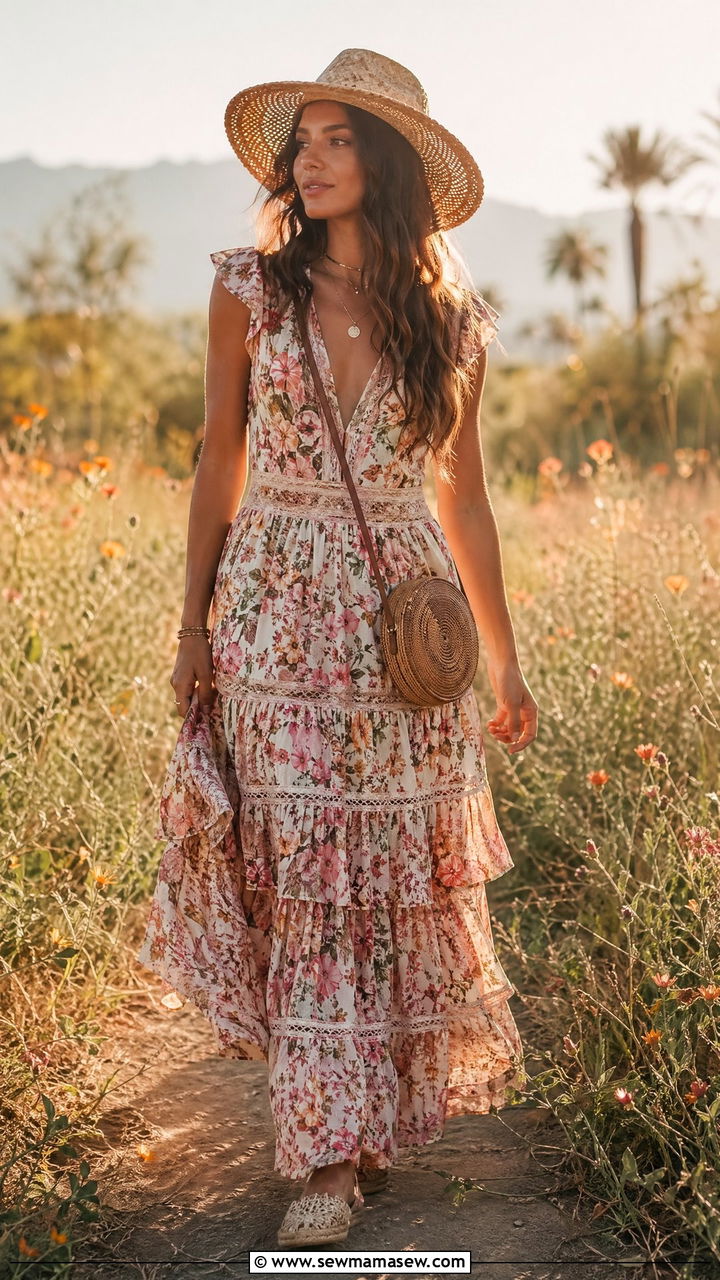 Floral maxi dress with flat espadrilles - 35 Coachella outfits ideas