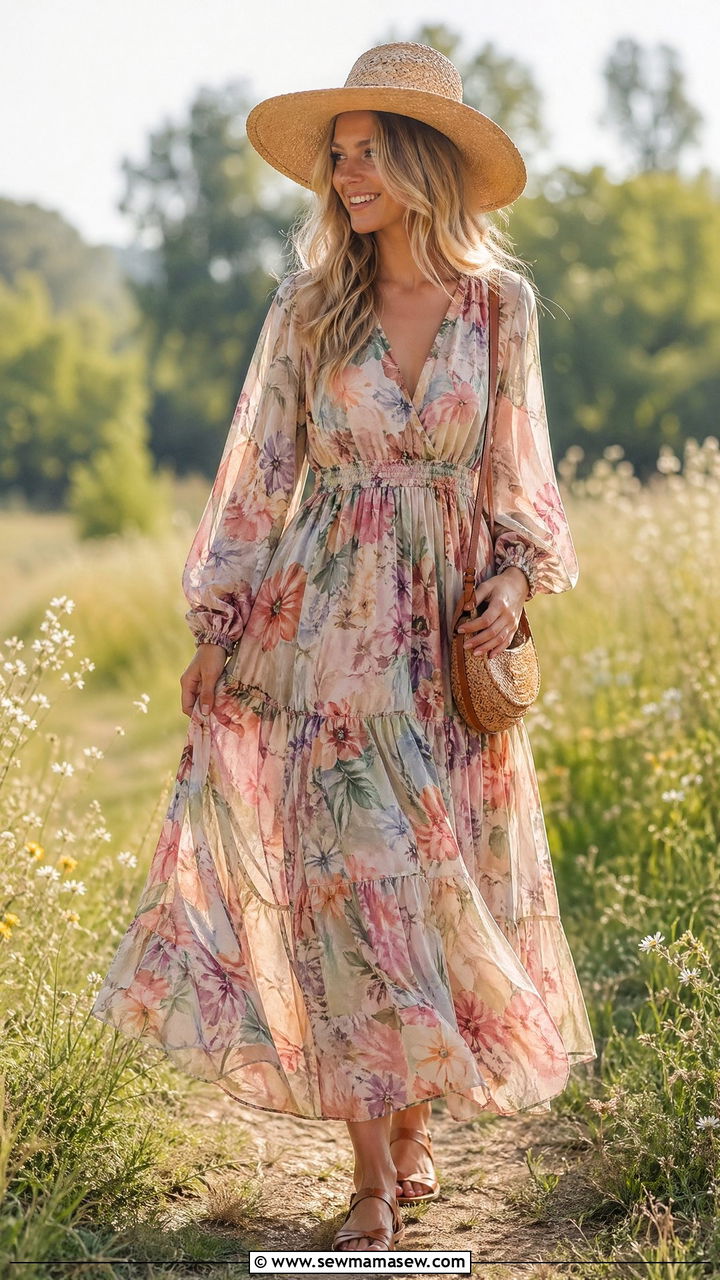 Floral maxi dress with flat leather sandals and a straw hat - 35 Spring outfit ideas 2026