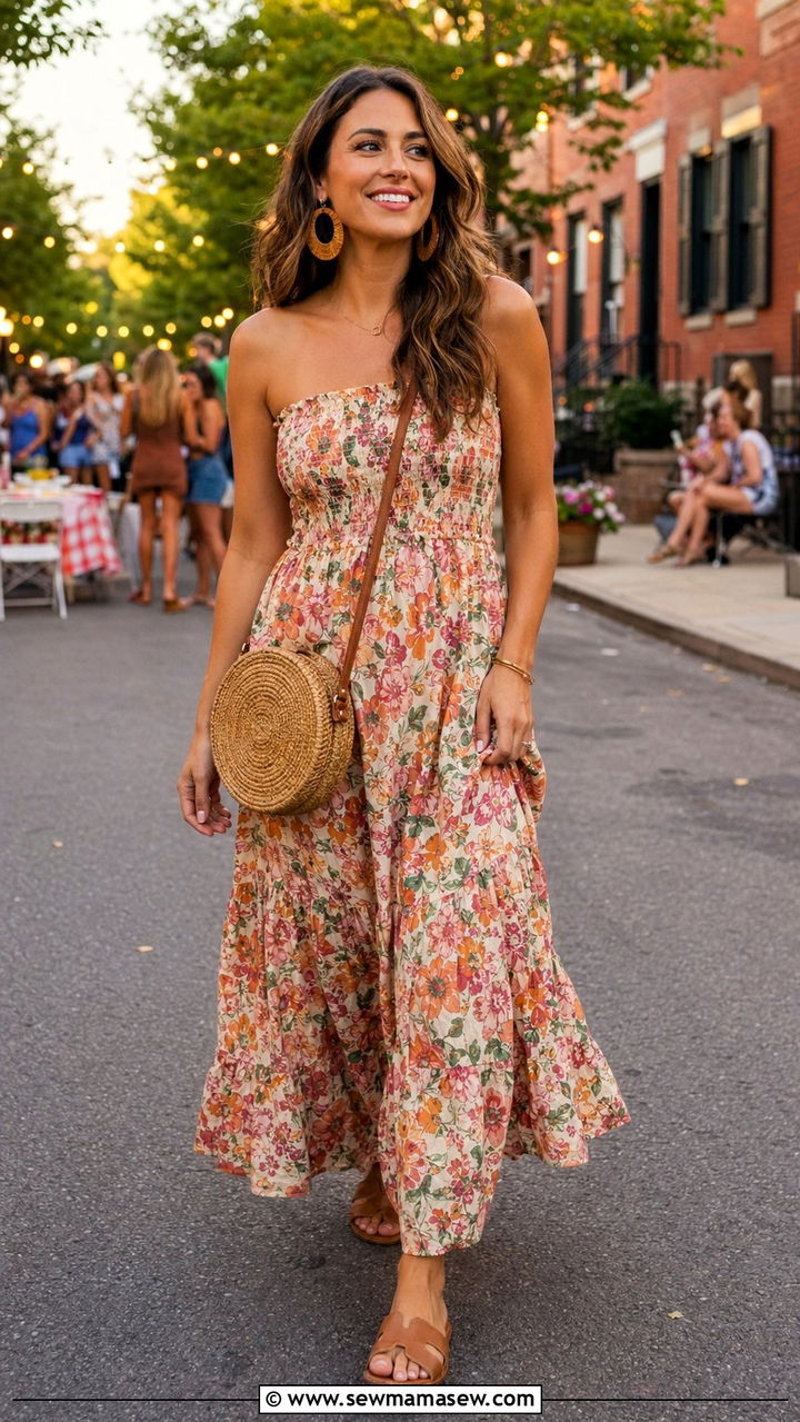 Floral maxi dress with flat slide sandals - 30 Block party outfit ideas