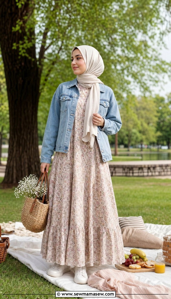 Floral maxi dress with lightweight denim jacket - 35 Modest outfit ideas for Muslim women