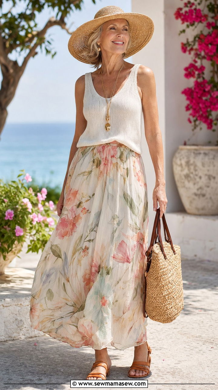 Floral maxi skirt with a solid tank - 30 Best skirts for women over 60