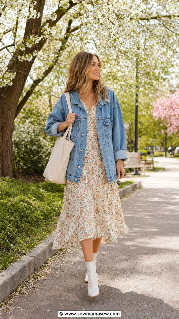Floral midi dress and denim jacket concert outfit - 30 What to wear to a spring concert
