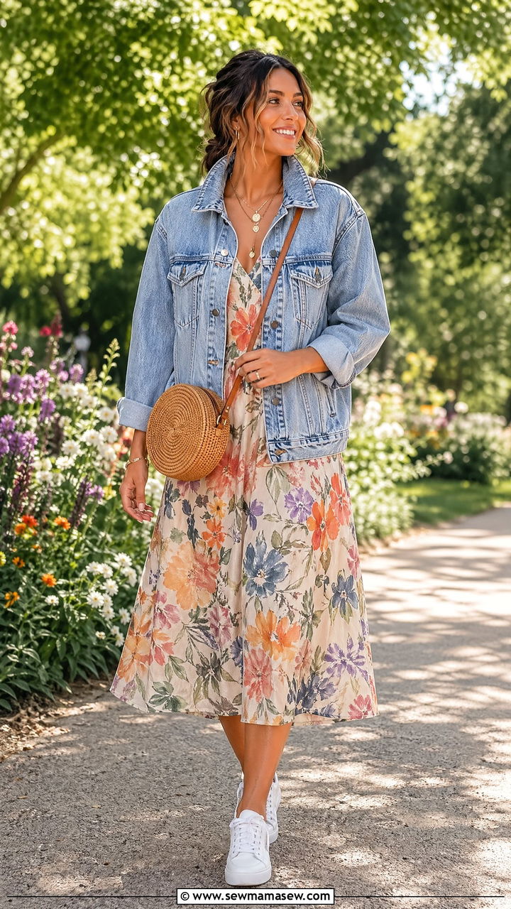 Floral midi dress and denim jacket outfit - 35 classy outfits 2026