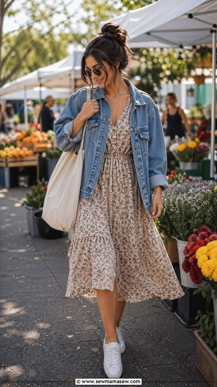 Floral midi dress and denim jacket outfit - 35 Spring outfits for young women