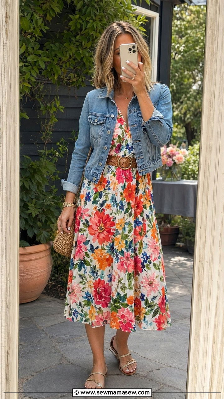 Floral midi dress and denim jacket outfit - 30 Aesthetic spring outfit ideas 2026