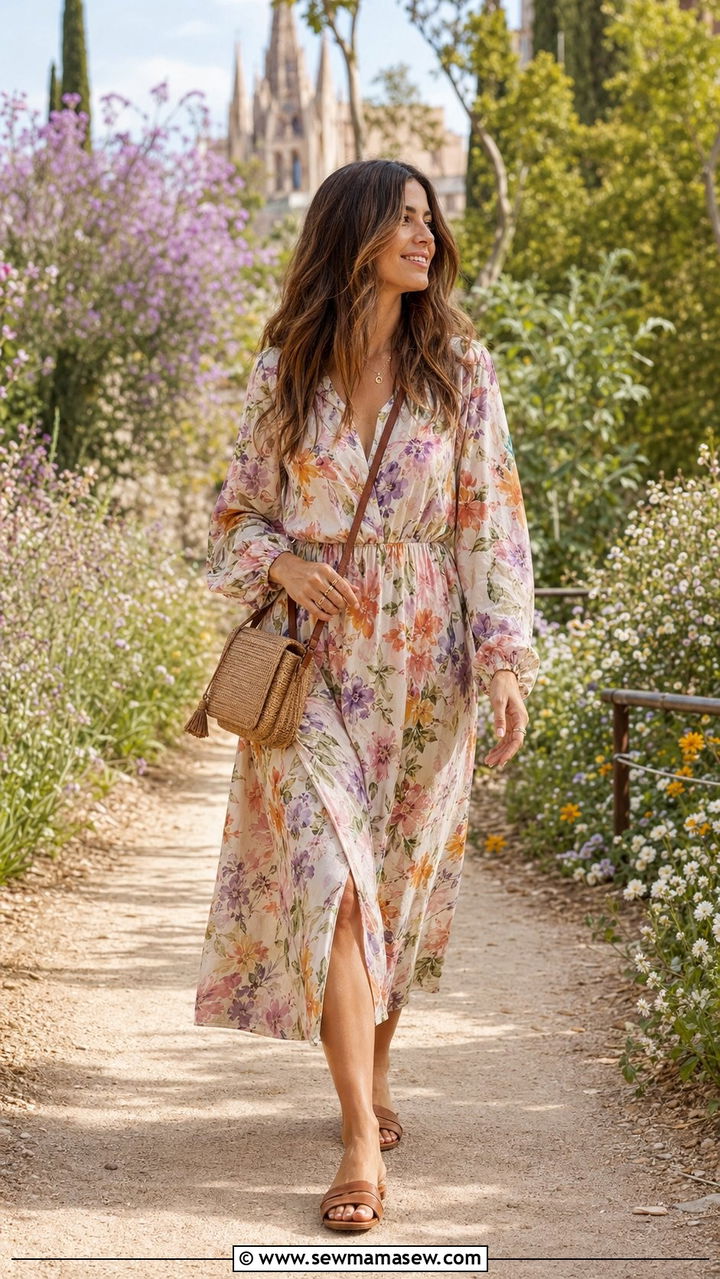 Floral midi dress and leather slide sandals outfit Barcelona - 30 Barcelona vacation outfit ideas