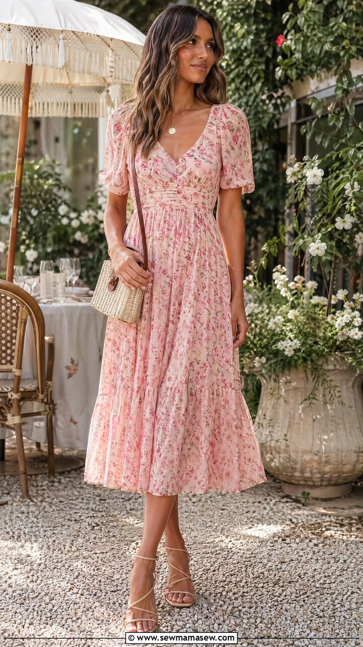 Floral midi dress and strappy sandals - 35 chic brunch outfits for women