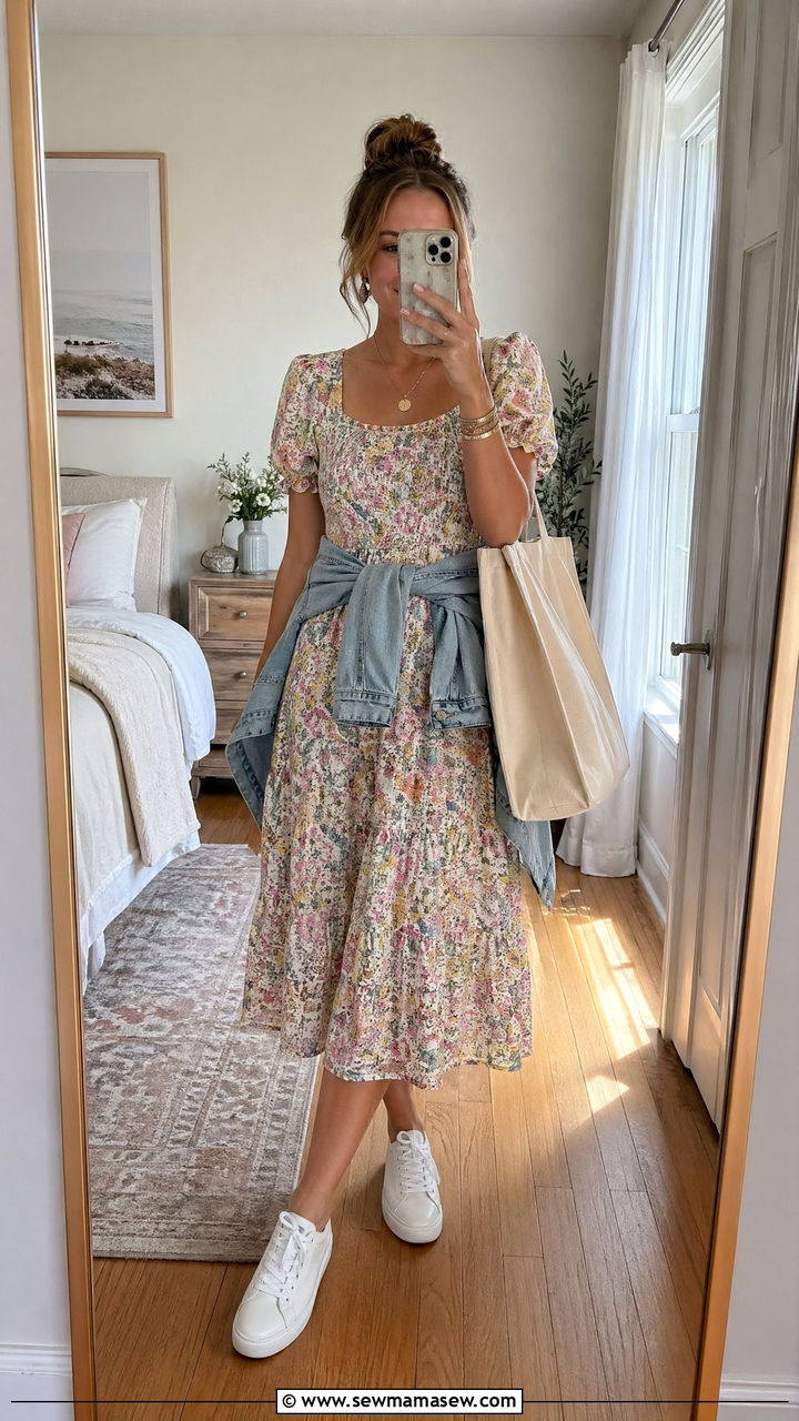 Floral midi dress and white sneakers outfit - 35 Spring errands outfit ideas