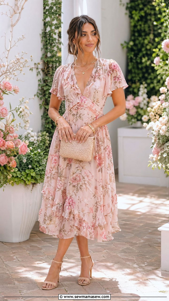 Floral midi dress spring engagement party - 35 spring engagement party outfit ideas