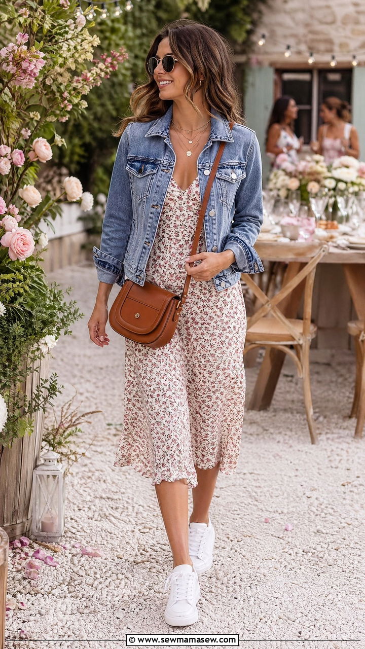Floral midi dress with a denim jacket outfit - 35 Smart casual outfit ideas for women