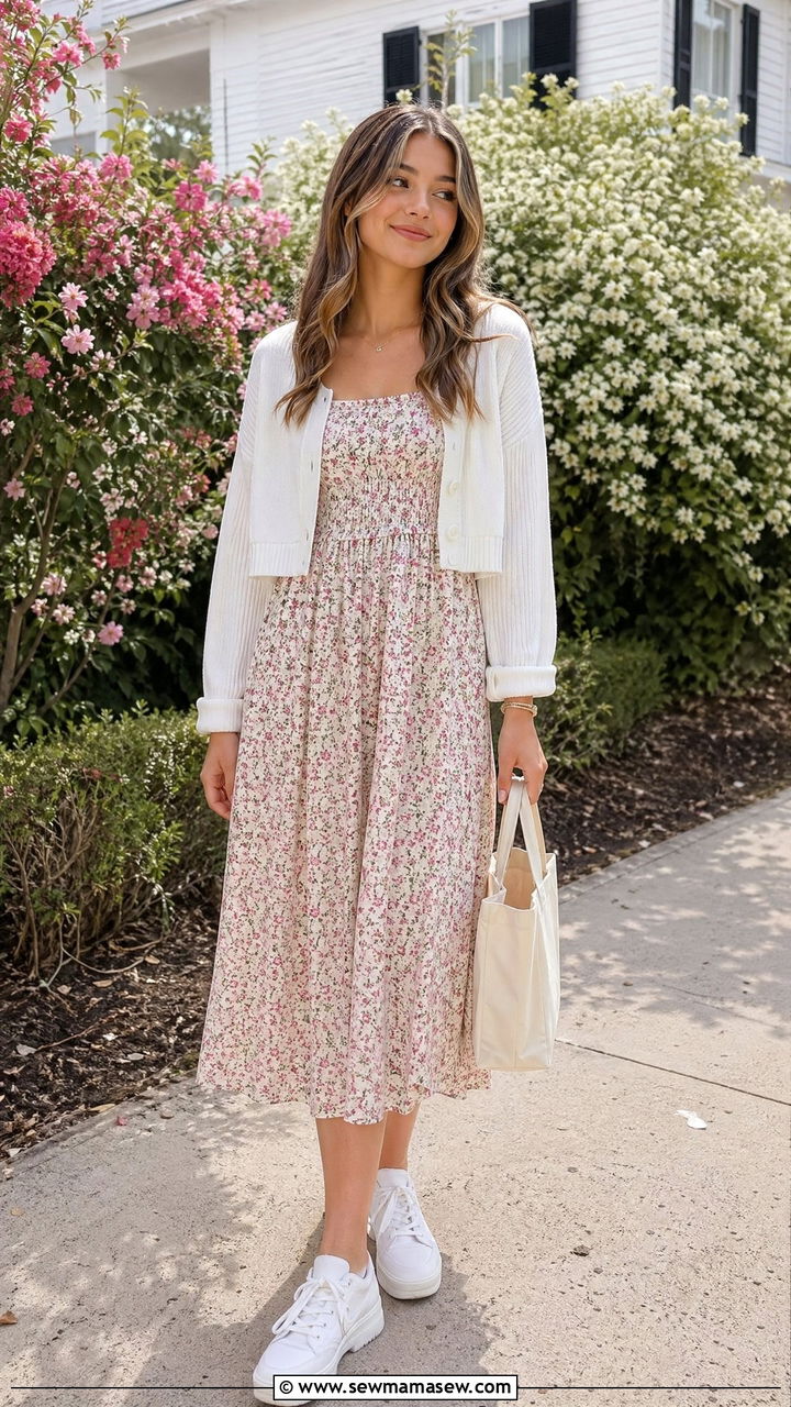 Floral midi dress with a light cardigan and white sneakers - 35 Spring outfits for teens
