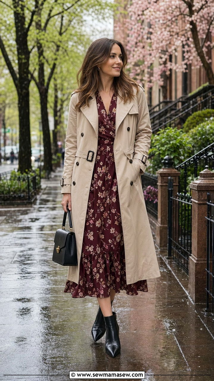 Floral midi dress with a trench coat and ankle boots - 30 April showers outfit ideas