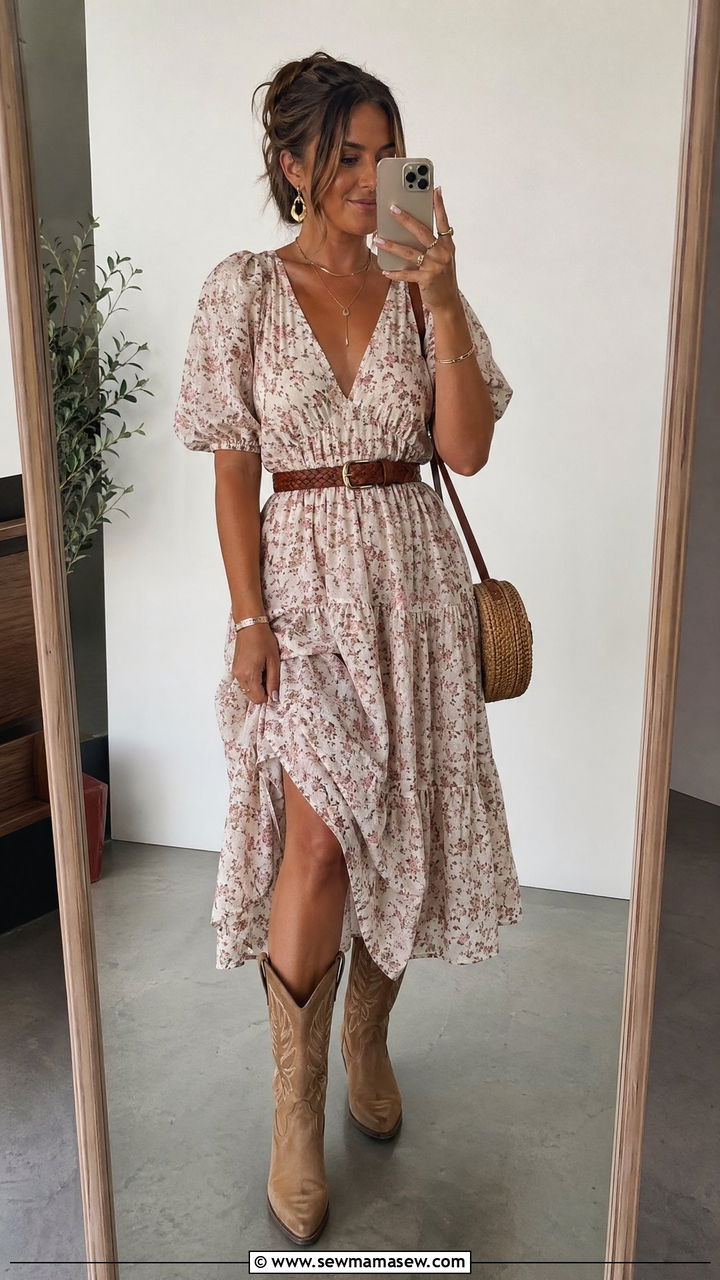 Floral midi dress with cowboy boots - 35 Country concert outfits