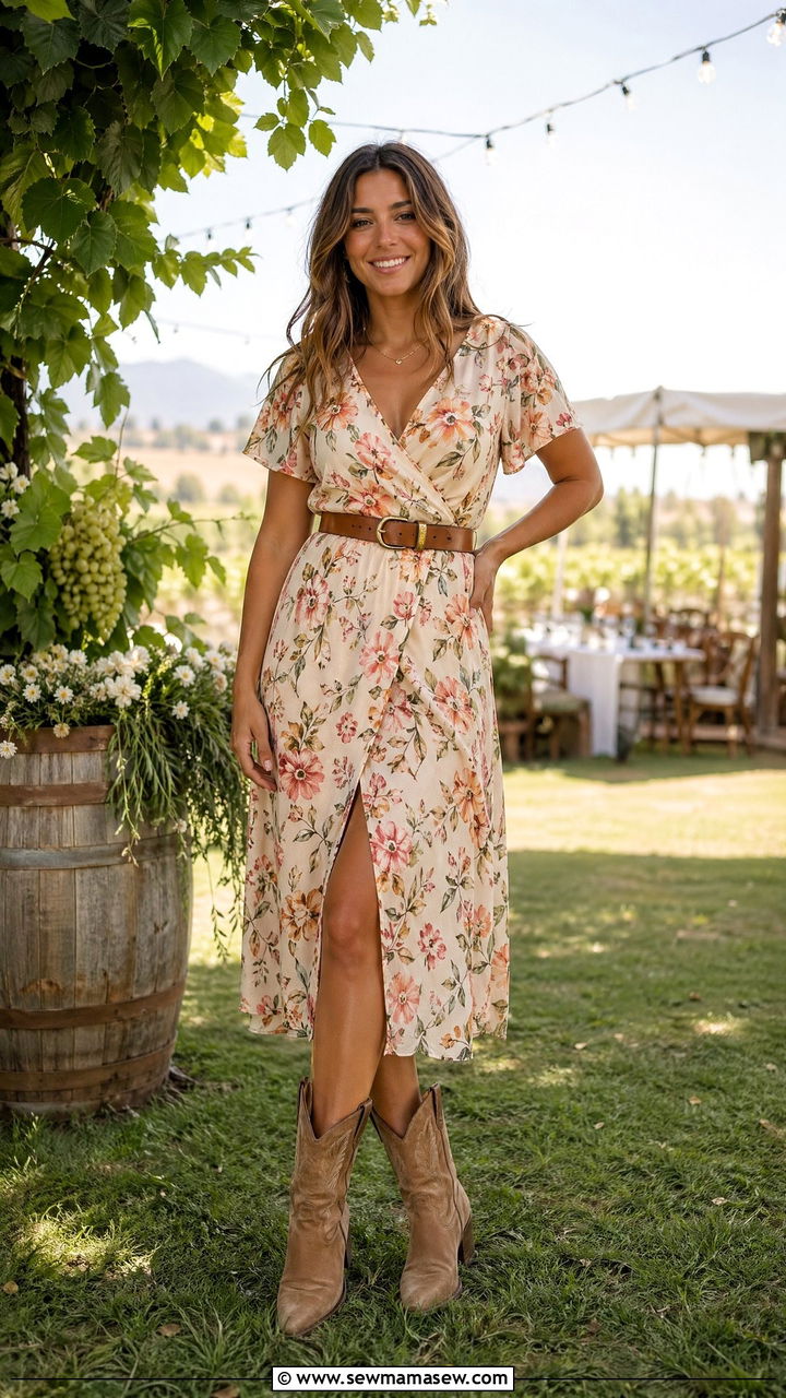 Floral midi dress with cowboy boots - 35 cowboy boots outfit ideas